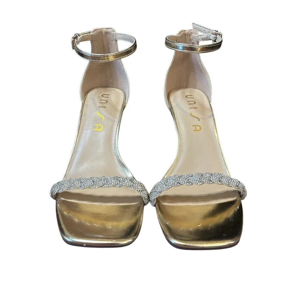 Women's Unisa, Fayy  Gold‎ Strappy Ankle Strap Pump Size 8.5 Sparkly Rhinestone